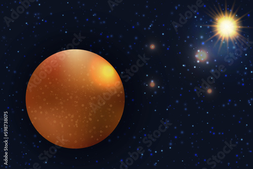 Shining planet on a background of starry night. Deep spase, Universe, orange glowing Mercury with a reflections of stars and Sun. Vector illustration.
