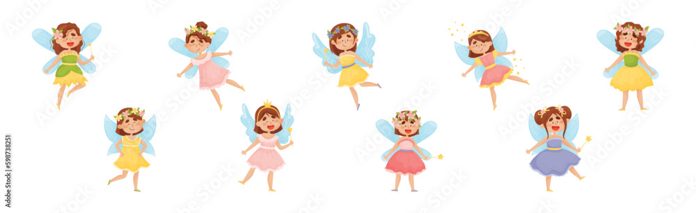 Cute Girl Fairy with Magic Wand Flying with Wings Vector Set. Cute Girl Fairy with Magic Wand Flying with Wings Vector Set.