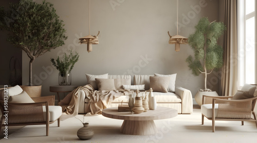 A living room filled with furniture and vase of plants on a table. High quality illustration 3d rendering scandinavian boho style.