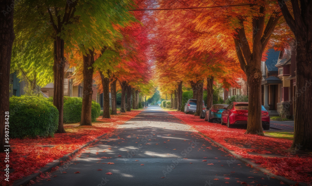 Autumn trees lining driveway. Colorful foliage. Generative AI