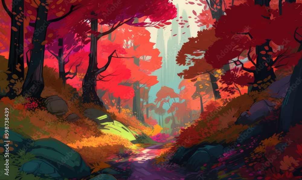 Autumn trees lining driveway. Colorful foliage. Watercolor. Generative AI