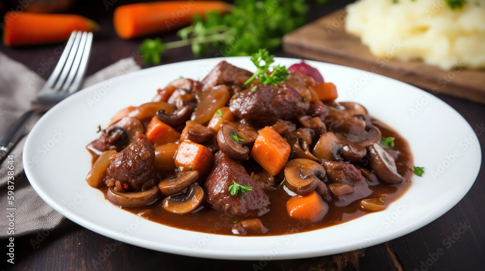 Beef Bourguignon with carrots,onions and mushrooms. Generative AI Beef Bourguignon with carrots,onions and mushrooms. Generative AI