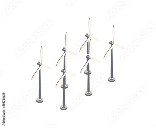White wind mills concept. Alternative sources of energy and electricity on unexplored planet. sustainable lifestyle and renewable energy. Cartoon isometric vector illustration