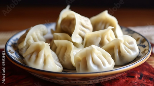 Steamed Gyoza or dumpling with chicken and vegetables. Generative AI