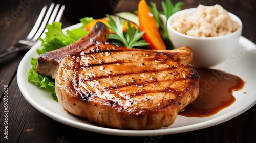 Juicy grilled pork chop fillet steak. Generative AI photo