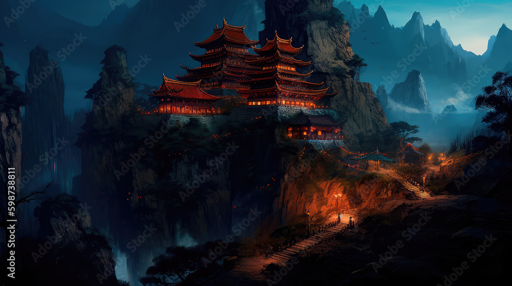 Obraz premium Ancient Chinese temple deep gorge. Generative AI