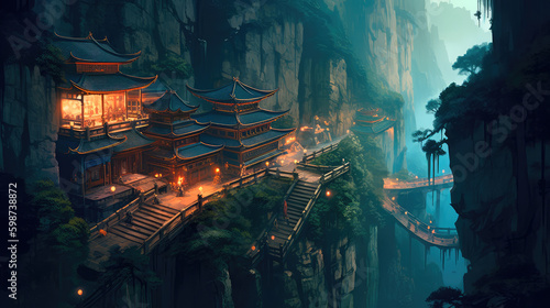 Ancient Chinese temple deep gorge. Generative AI