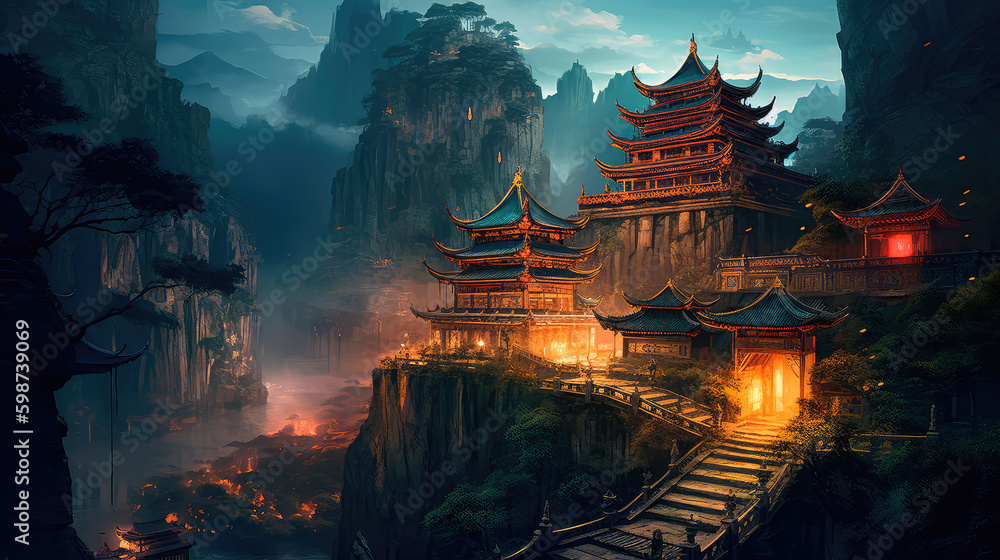 Ancient Chinese temple deep gorge. Generative AI - obrazy, fototapety, plakaty 