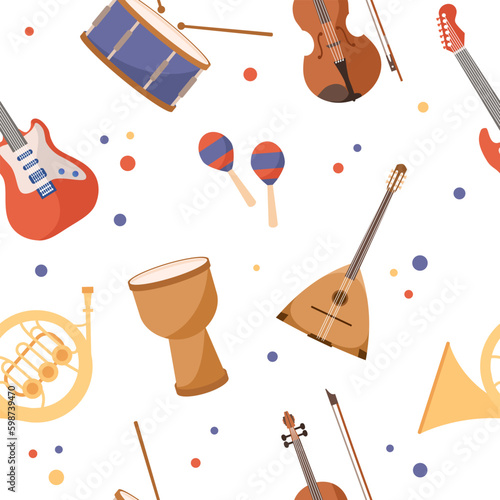 Musical instruments seamless pattern. Repeating design element for printing on fabric. Gusli, acoustic and electric guitar. Maracas, drum, cello and violin, trumpet. Cartoon flat vector illustration