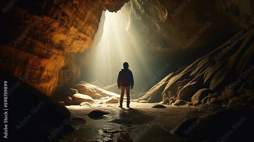 Fototapeta premium The man in the cave. Light falls from above. Generative AI