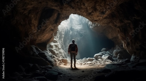 The man in the cave. Light falls from above. Generative AI