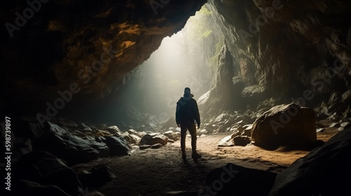 The man in the cave. Light falls from above. Generative AI