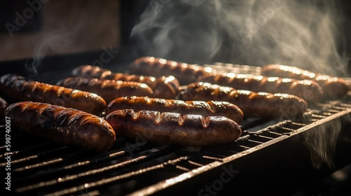 Cooking sausages on the grill. Generative AI