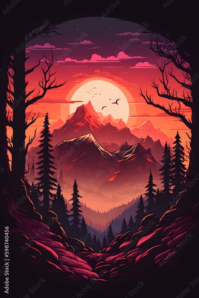 Amazing sunset on top of the mountain cartoon style, AI-Generated Image