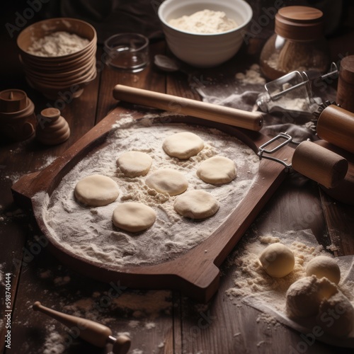 A close shot of a tray of freshly rolled dough, cut into shapes and ready to be baked, placed on a wooden table with flour and a rolling pin ai, ai generative, illustration