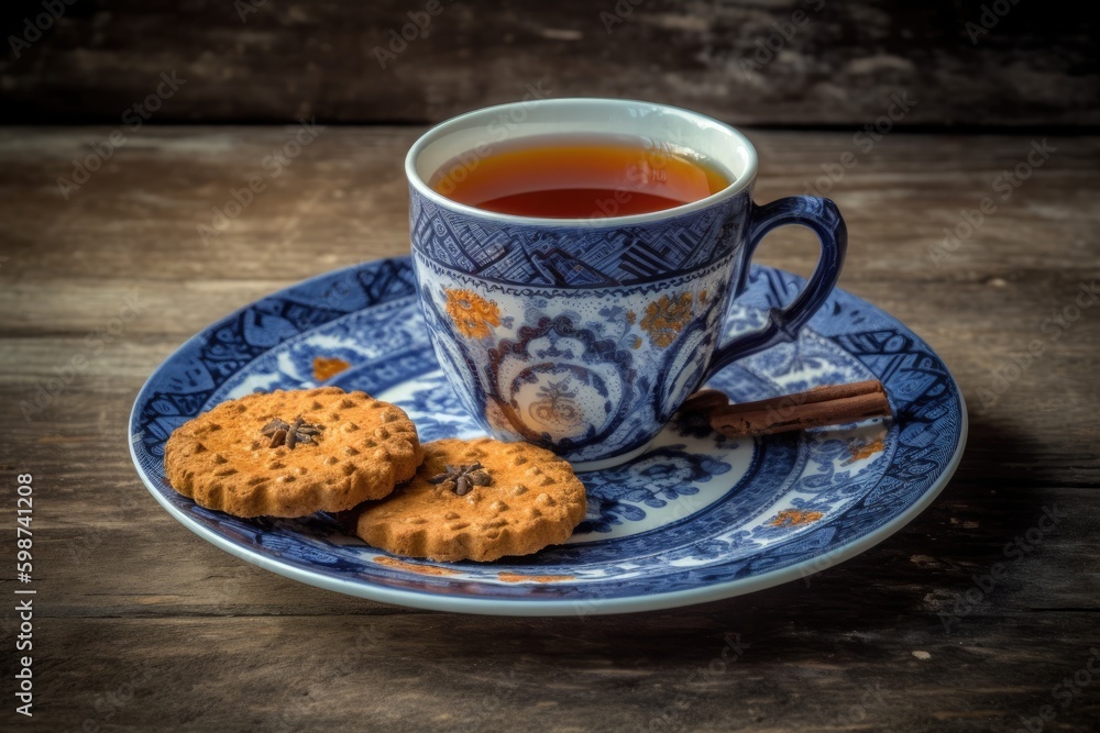 cup of tea with two cookies on a plate, perfect for a cozy afternoon. Generative AI Generative AI cup of tea with two cookies on a plate, perfect for a cozy afternoon. Generative AI Generative AI