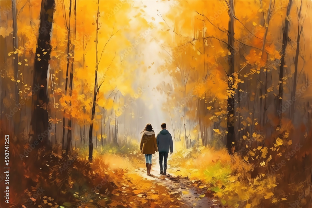 two lovers walking arm in arm through a forest. generative AI two lovers walking arm in arm through a forest. generative AI