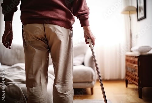Low section of a disabled person using crutches to walk. Disabled man and woman use crutches to walk at home. created with Generative AI technology