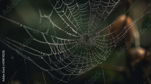 Sparkling Cobweb in Morning Dew. Generative AI