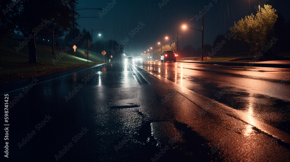 A wet road with some lights on at night. Generative AI