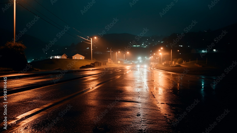 Fototapeta premium A wet road with some lights on at night. Generative AI