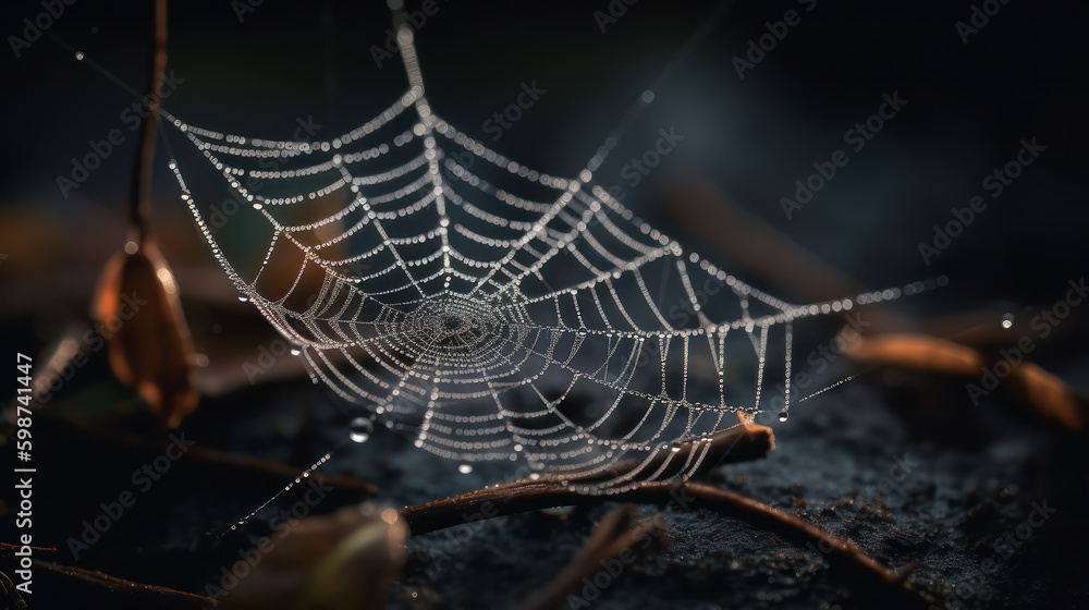 Glistening Web in the Morning Dew. Generative AI