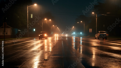 A wet road with some lights on at night. Generative AI