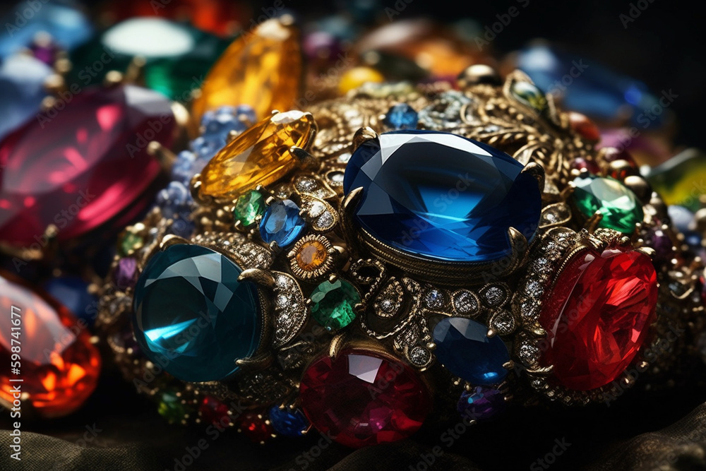view of vibrant gemstones on a piece of jewelry. generative AI