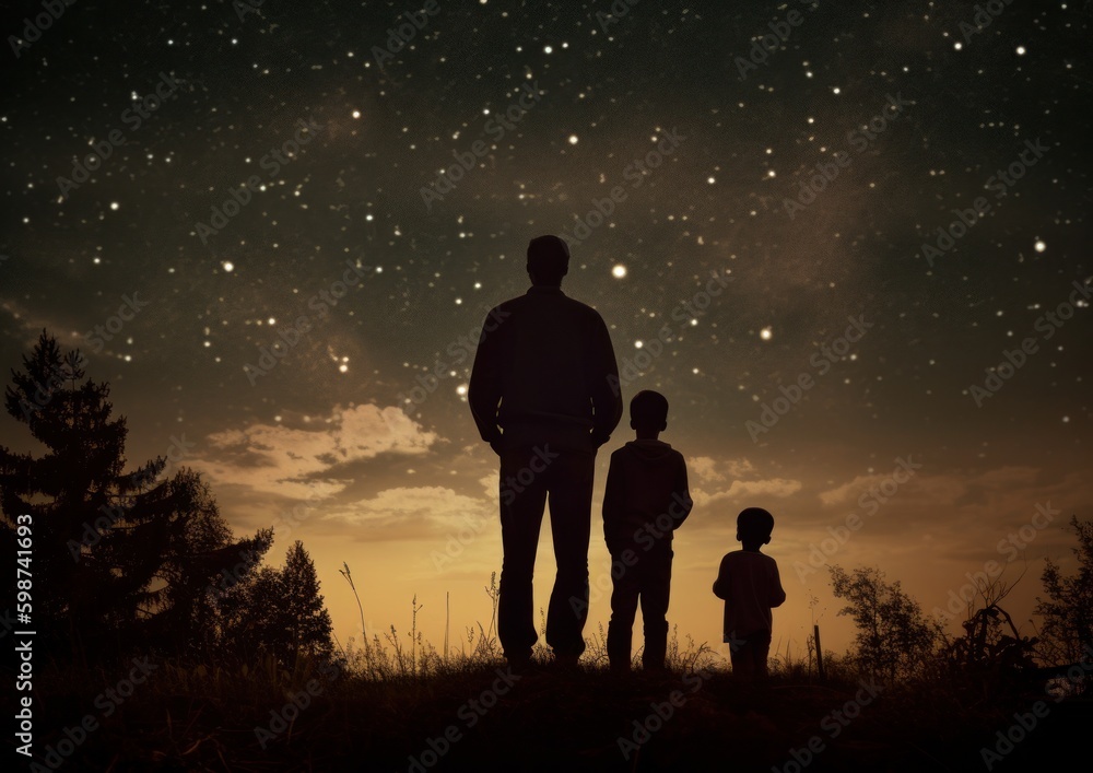 Stargazing with father and Kids. Concept of Father's Day. Generative AI.