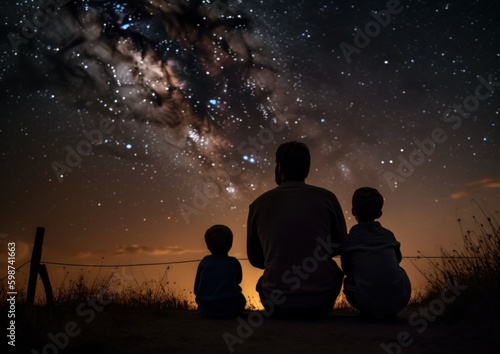 Stargazing with Dad and Kids. Concept of Father s Day. Generative AI.