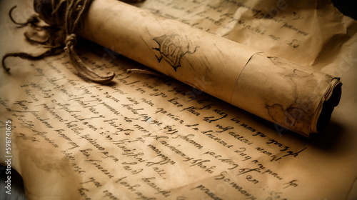 Antique parchment with handwritten text. Generative AI