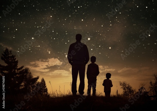 Stargazing with father and Kids. Concept of Father s Day. Generative AI.