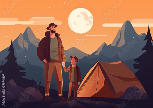 Dad and child at camping. Concept of Father s Day. Generative AI.