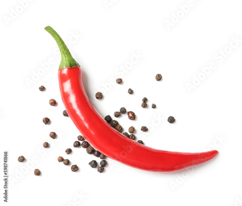 Fresh hot chili peppers and peppercorns on white background