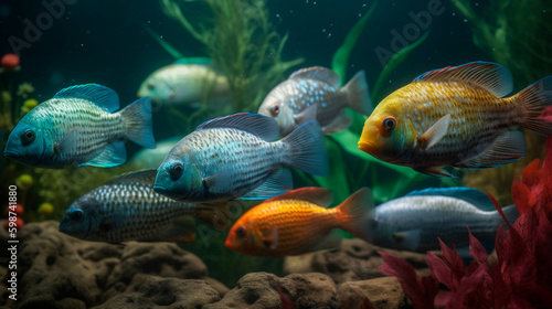 Colorful fishes in the aquarium. Generative AI