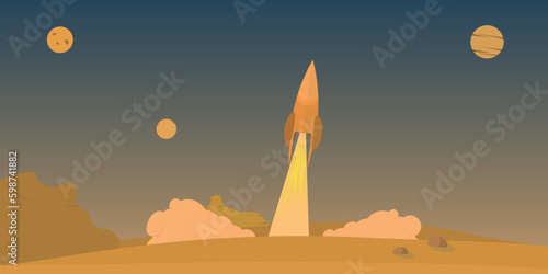 Outer space launch system takes off. Vector illustration , Mission Mars mission retro vintage style with rocket. Space exploration, colonization Mars. 
