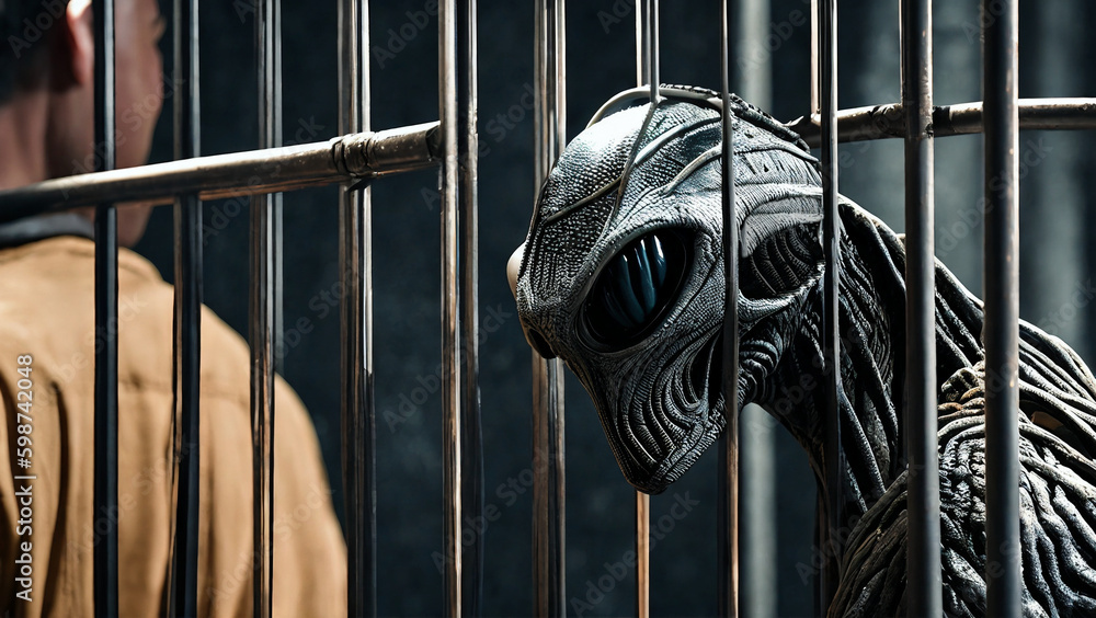 gray alien with big black eyes looking into metal cage starring at ...