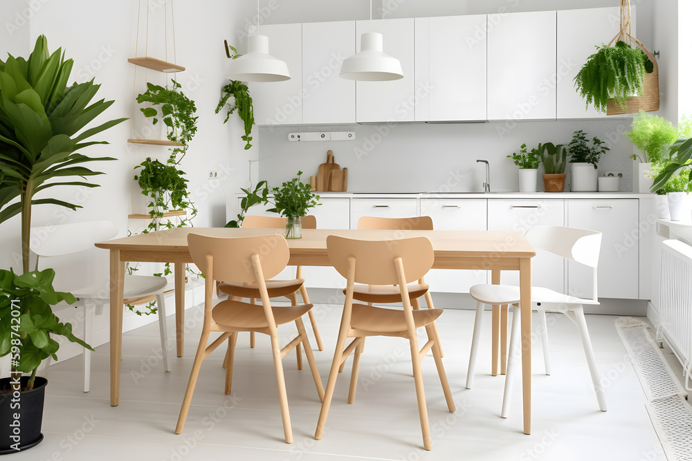 Minimalist and botany dining room design, Generative AI