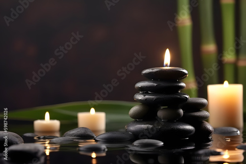 Spa still life with aromatic candles  zen stones  plants and water. Generative AI