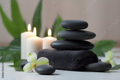 Spa still life with aromatic candles  zen stones  plants and towel. Generative AI