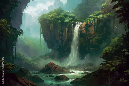 waterfall cascading down a rocky cliff. generative AI