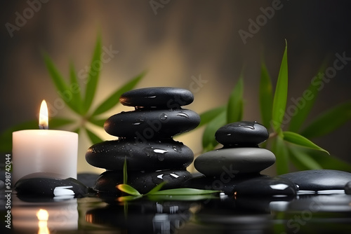 Spa still life with aromatic candles, zen stones, plants and water. Generative AI