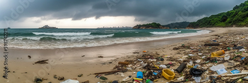 Beach full of garbage and plastic waste as wide banner for environmental and recycle concepts. AI generative