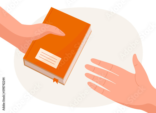 Hand giving book. Bookcrossing service. Education and training. Love for reading and literature. People exchange books. Knowledge and information. Cartoon flat vector illustration