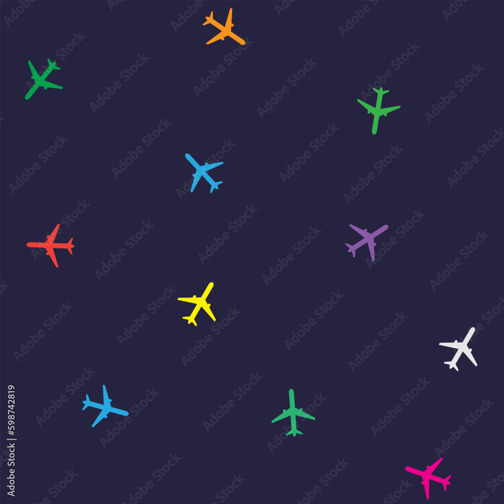 Airplane seamless pattern. Colorful planes on dark background. Graphic print for textile. Vector illustration Airplane seamless pattern. Colorful planes on dark background. Graphic print for textile. Vector illustration