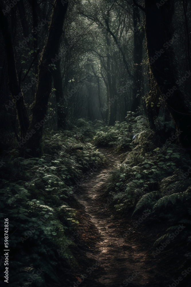Fototapeta premium Dark forest, with a path in the middle, horror ambient, trees on the side. AI generative