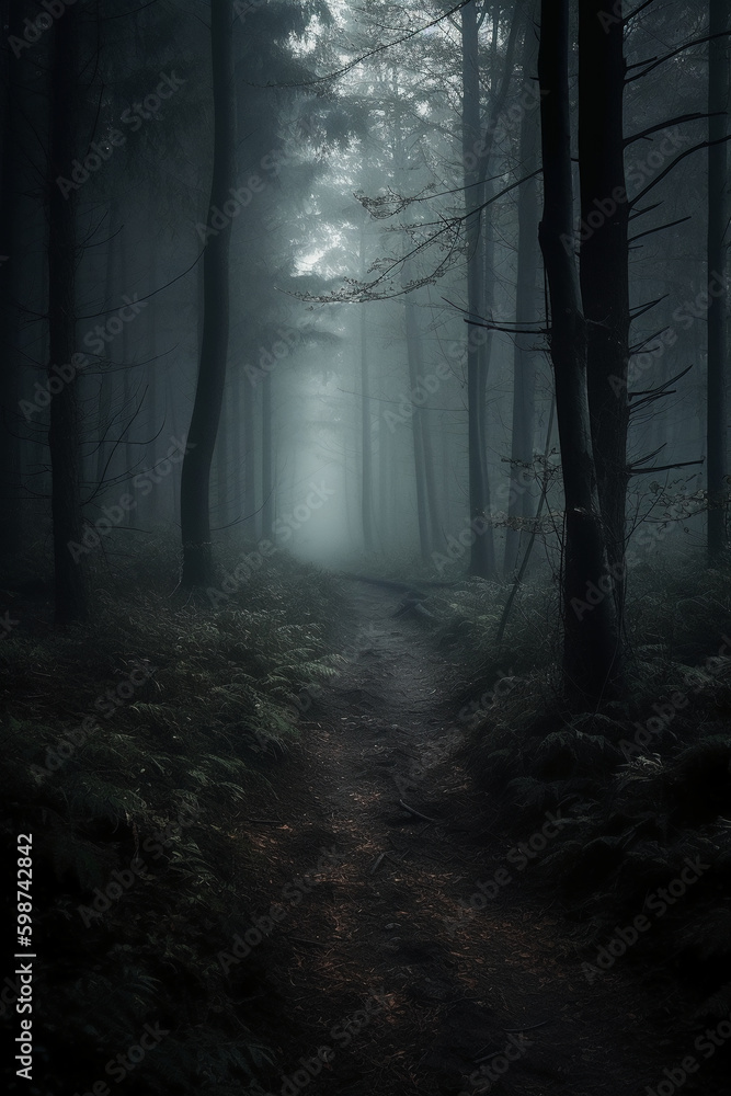 Dark forest, with a path in the middle, horror ambient, trees on the side. AI generative