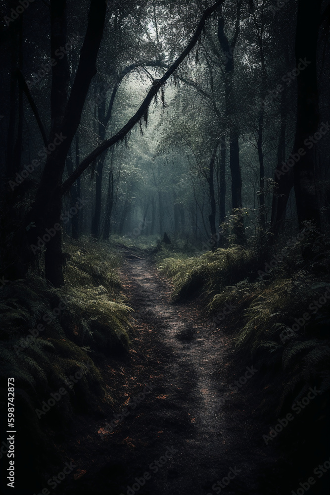 Dark forest, with a path in the middle, horror ambient, trees on the side. AI generative