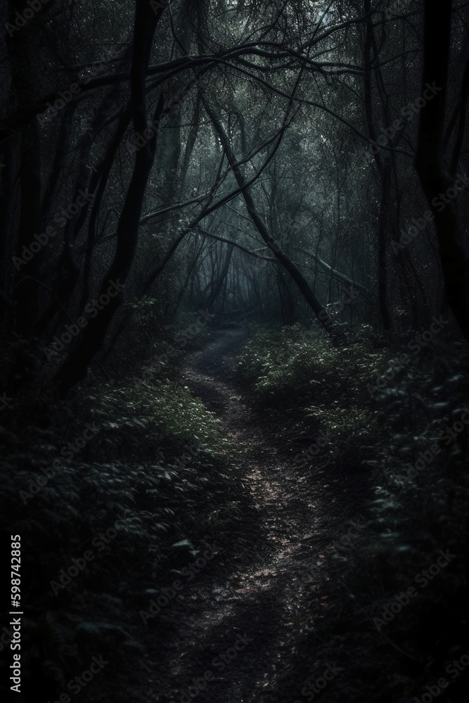 Fototapeta premium Dark forest, with a path in the middle, horror ambient, trees on the side. AI generative
