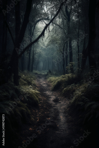 Dark forest  with a path in the middle  horror ambient  trees on the side. AI generative